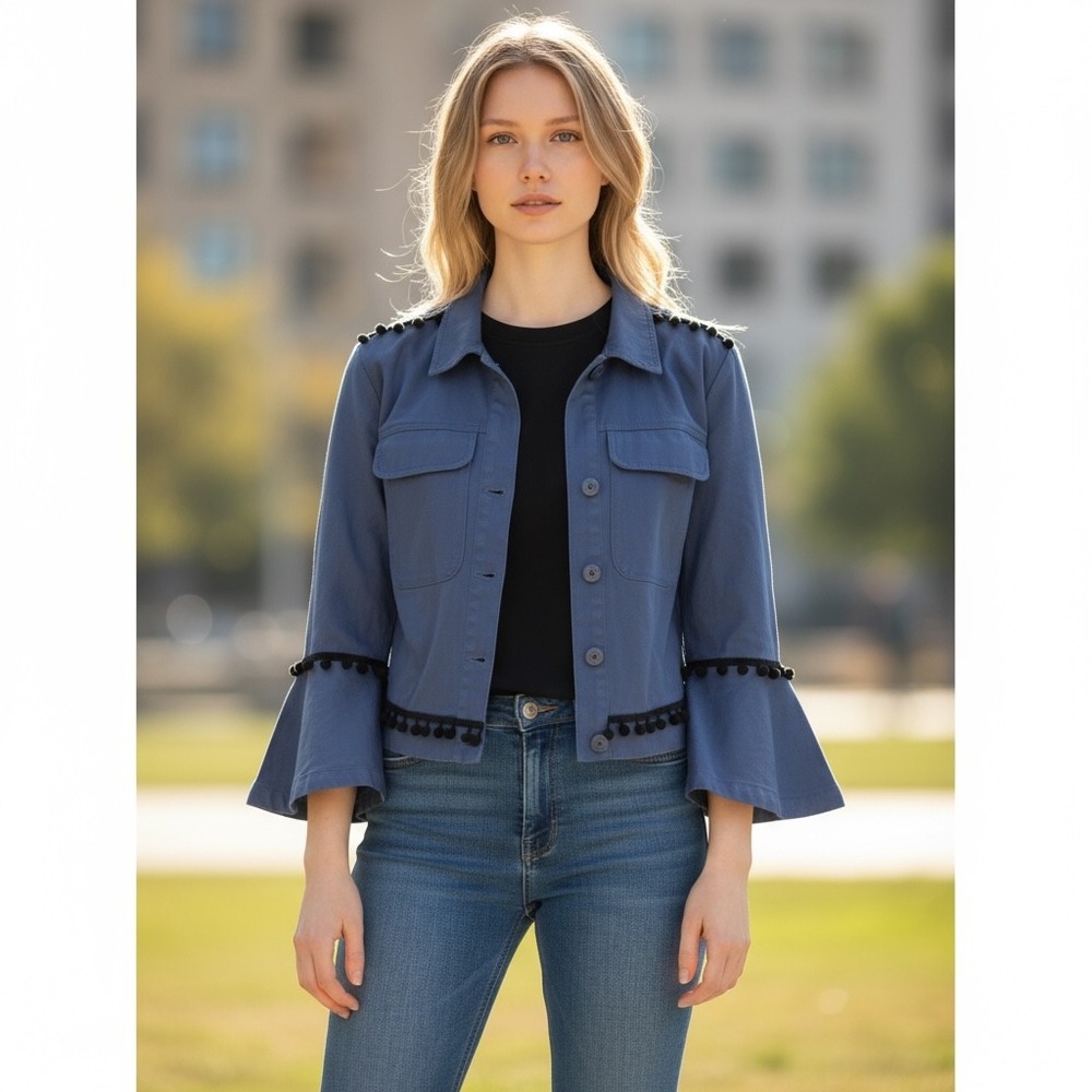 Du Jour Women Blue Cropped Button Up Jacket Bell Sleeve‎ Pom Pom Trim XS